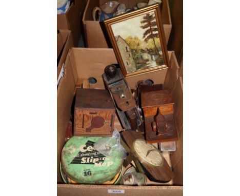 Box of oddments to include; vintage camera, Metamec mantel clock, vintage Stanley plane etc. (B.P. 24% incl. VAT)