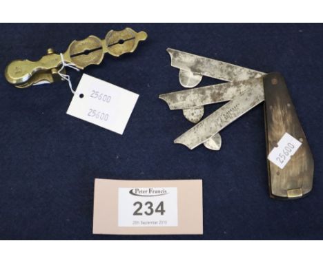 19th century steel three-bladed fleam with horn scales, together with a small brass sovereign scales marked Bourn. (2)(B.P. 2