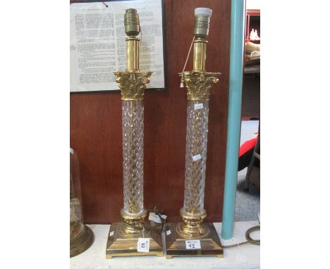 Pair of brass and hob nail cut glass corinthian column design table lamp bases. 58cm high approx. (2)(B.P. 24% incl. VAT)