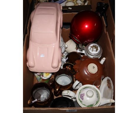 Box of assorted china to include; pink ceramic car, copper lustre dresser jugs, cabinet plates, teapots, beer stein etc. (B.P