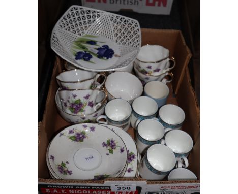 Tray of china to include; Duchess bone china 'Violet' teaware, Wedgwood 'Runnymede' coffee cans etc. (B.P. 24% incl. VAT) CON