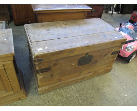 19th century pine metal banded trunk with carrying handles. (B.P. 24% incl. VAT)