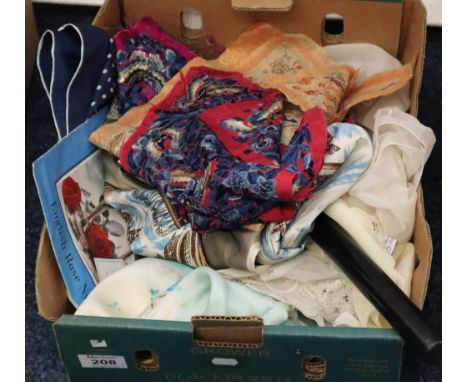 Collection of vintage fabrics to include; a white bow with embroidery at the ends with brooch fastening and a Made in Switzer