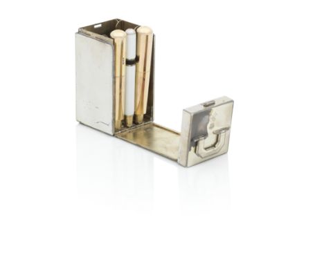 A silver and silver gilt campaign desk set by Asprey, London, 1911  In the form of a rectangular box opening out to reveal a 