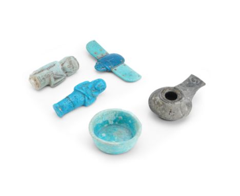  A group of Egyptian blue faience objects Third Intermediate Period-Ptolemaic Period, circa 1070-30 B.C.Comprising a fragment