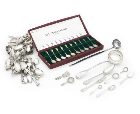 A COLLECTION OF FLATWAREVarious dates and makers Including a George III old English pattern soup ladle, London 1805, two Geor