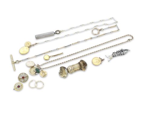 A collection of 18ct and 9ct gold jewelleryTo include a citrine swivel seal with foliate engraved gold mount, 7cm (damaged); 