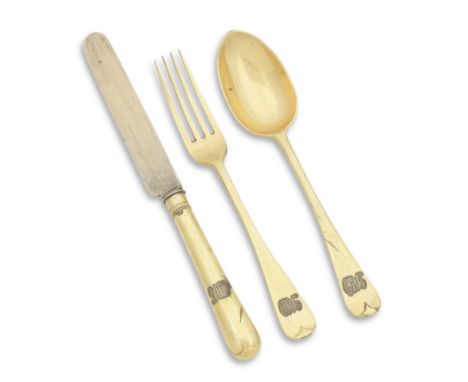 A silver gilt Christening knife, fork and spoon setby Sebastien Harry Garrard, London 1912Old English pattern, engraved with 
