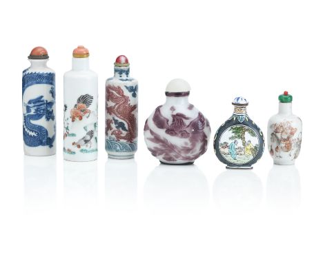 Six Chinese Snuff Bottles19th/20th CenturyIncluding an ovoid Peking cameo glass example carved in amethyst glass with a phoen
