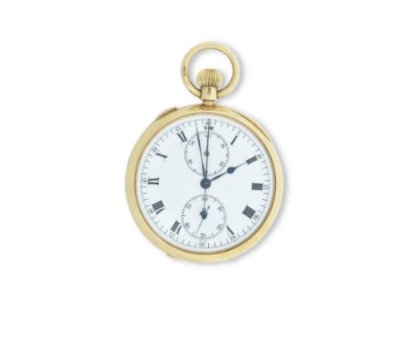An 18K gold split seconds open face chronograph pocket watchModel: Case stamped 10331Date: Import marks for London 1906Moveme