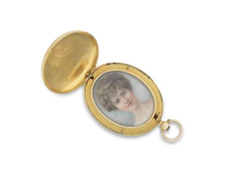 An 18ct gold pendant locketThe oval plain case engraved with family crest, containing a painted portrait depicting Henrietta 