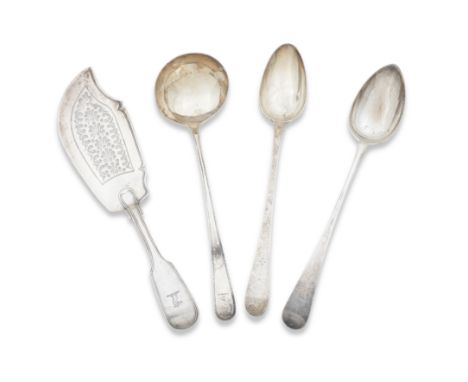 A George IV Fiddle Pattern Fish Slice,Maker's mark JB, London, 1824 Together with a bright-cut gravy spoon and another gravy 