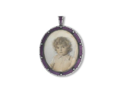 A Child & Child silver and enamel pendant locketThe lilac enamel frame studded with single cut diamonds within a white enamel