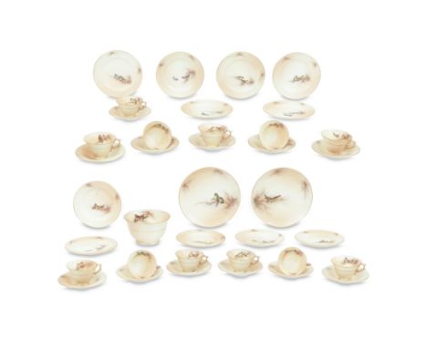 A Royal Worcester Blush Ivory teaset, 1908Each piece painted with pairs of birds including chaffinches, blue tits, greenfinch