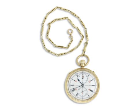 Dent of London. An 18K gold keyless wind split second open face chronograph pocket watchModel: Case and movement No. 32600Dat
