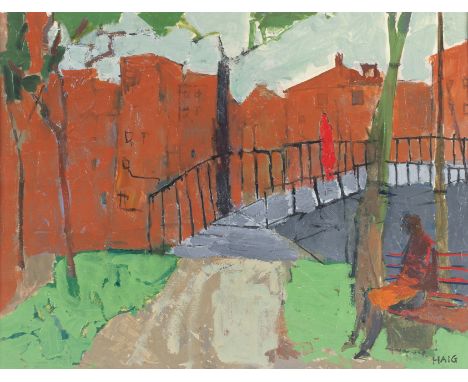 Earl George Alexander Eugene Douglas Haig O.B.E., A.R.S.A., F.R.S.A. (British, 1918-2009)Figure on a bench, townscape signed 