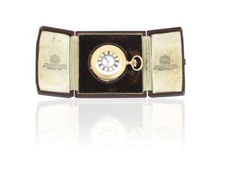 Swiss. An 18K gold keyless wind half hunter pocket watchModel: Case marked 22041, Swiss Helvetia head markDate: Late 19th cen