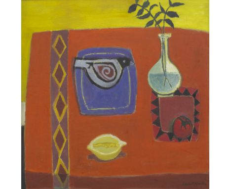 David McLeod Martin RSW RGI SSA (British, 1922-2018)Cut Lemon and Ceramic Bird signed 'David M Martin' (lower left)oil on boa