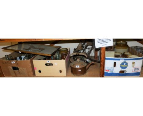 Two boxes of stone and glass bottles, storage jars, chamber pots etc. together with a copper kettle, brass candle sticks, a m