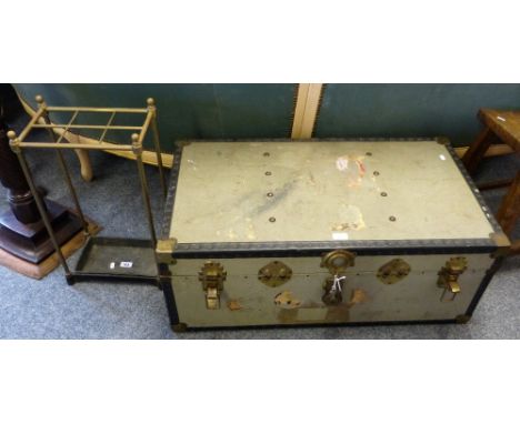 A tubular brass and iron six-division stick stand and a metal bound cabin trunk (2)