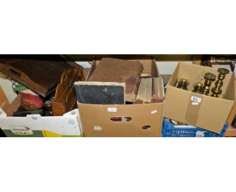 A box of brassware including a pair of candlesticks, a box of miscellaneous including 78 rpm records, cigarette card album, S