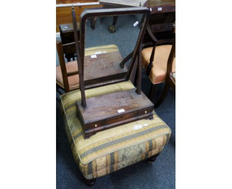 A Victorian style pouffe or footstool with green striped upholstery and a 19th century mahogany swing toilet mirror with thre