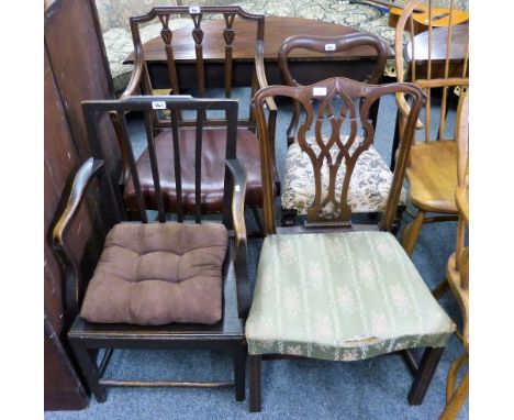 A 19th century Chippendale style mahogany dining chair, a Victorian balloon back dining chair and two Hepplewhite style carve