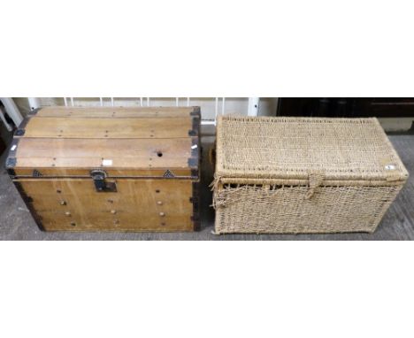 A pine domed trunk and a sea grass basket ottoman with two smaller boxes