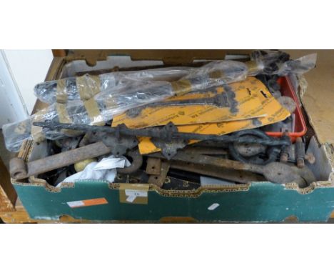 A box of metalware, mainly gate hinges, etc.