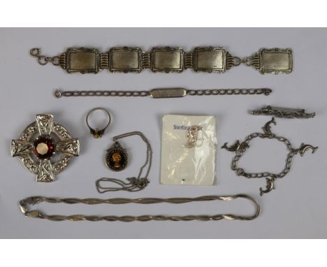 Collection of silver and white metal items to include enameled sixpence on chain and Celtic cross 