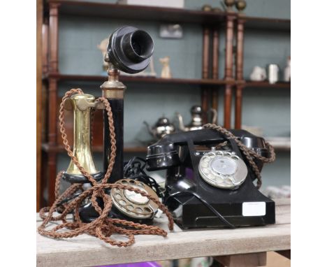 Classic candlestick telephone together with a Bakelite telephone 