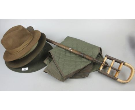 Country hats Fairfax &amp; Christie's of London, shooting stick &amp; gilet