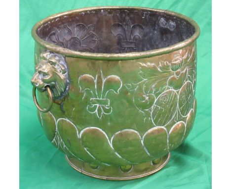 Large antique Victorian brass jardiniŠre planter with lion and Fleur de Lys 