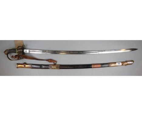 1827 Rifle Volunteers officers sword, faint etching visible to blade, proof slug, brass guard with 'strung bugle and crown', 