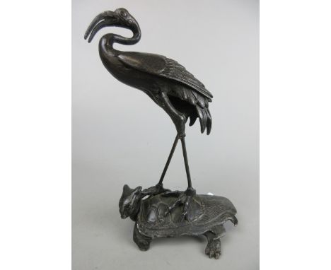 Bronze figure of Crane riding tortoise - H: 19cm 