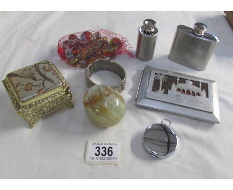 A mixed lot including hip flask, cigarette case, trinket pot etc