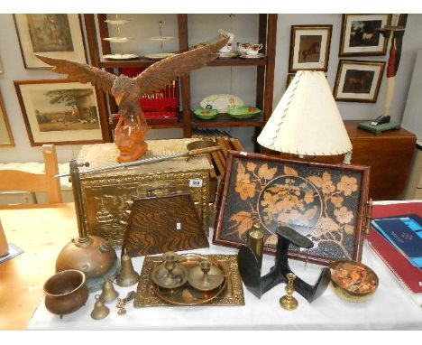 A mixed lot of brass and copper including log box, inlaid tray, bells, lamp etc.