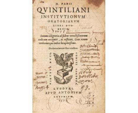Quintiliani (M. Fabii). Institutionum Oratoriarum Libri Duodecim, Lyon: Antonio Gryphium, 1575; bound with, ... Declamationes