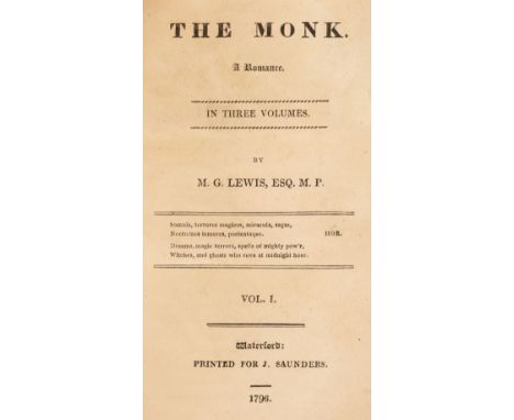 Lewis (Matthew Gregory). The Monk. A Romance, 3 volumes, Waterford: J. Saunders, 1796 [i.e. 1818], half-titles discarded, adv