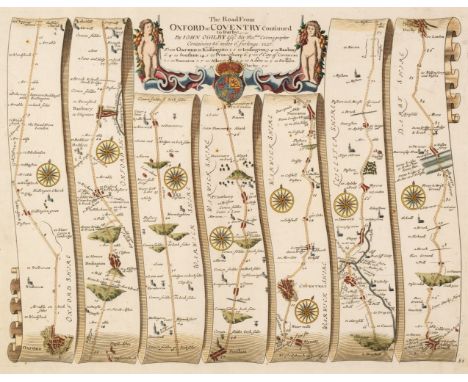 Ogilby (John). The Road from Oxford to Coventry Continued to Darby, circa 1676, hand-coloured engraved strip road map, 340 x 