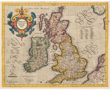 British Isles. Mercator (Gerard &amp; Hondius Henricus), Anglia, Scotia et Hibernia, [1628],  hand-coloured engraved map, lar