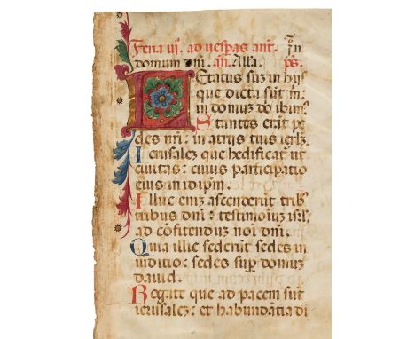* Illuminated Leaf. A leaf from a manuscript psalter on vellum, Italian, circa 1450, text in Latin on recto and verso, large 