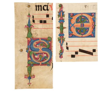 * Illuminated initials. Two illuminated leaf cuttings with initials on vellum, Italian, circa 1450, illuminated 'O' and 'S', 