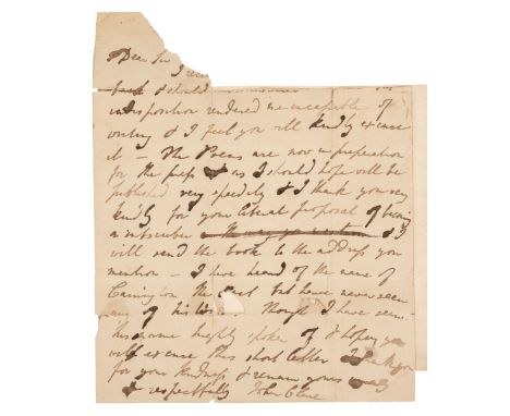 * Clare (John, 1793-1864). English poet. Autograph Letter Signed, 'John Clare', no date, c. 1833, to an unidentified recipien