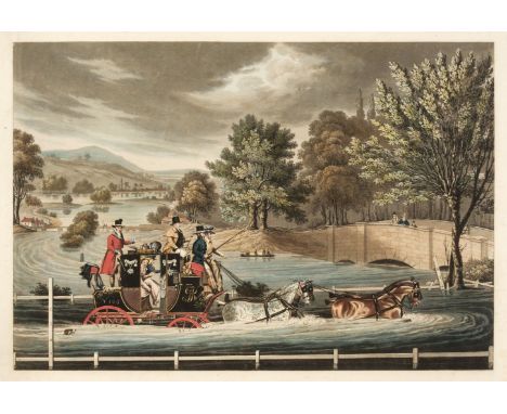 * Rosenberg (Frederick). The Mail Coach in a Flood, [1827], aquatint after J. Pollard with bright contemporary hand-colouring