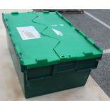 20 x Robust Low Profile Green Plastic Secure Storage Boxes With Attached Hinged Lids - Dimensions: