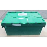 20 x Robust Low Profile Green Plastic Secure Storage Boxes With Attached Hinged Lids - Dimensions: