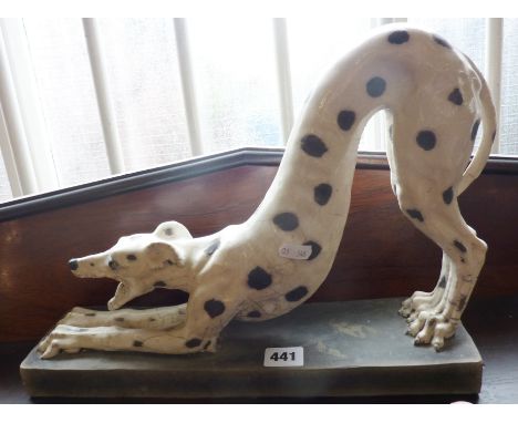 Studio Pottery - ceramic figure of a black & white spotted greyhound or hunting dog attributed to Lawson C. Rudge