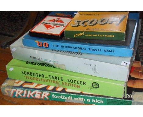 Vintage board games:- Striker, Subbuteo table soccer and Subbuteo table cricket, Go, Scoop, and early Monopoly