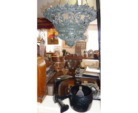 Openwork cast-iron ceiling light shade (or hanging basket) with iron pot, shoes last, and a flat iron